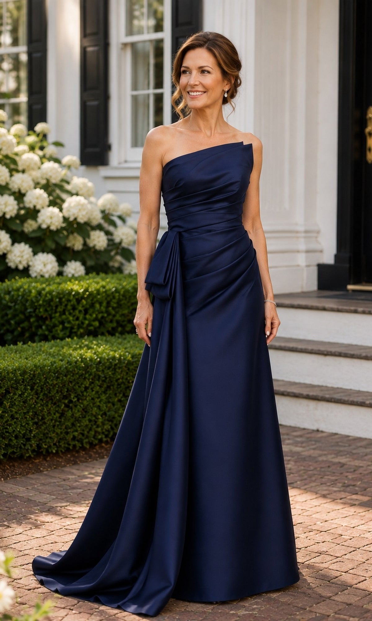 A woman stands outdoors in front of a house wearing a navy, strapless Strapless Bow Mermaid Formal Dress: Rina Di Montella R113 with a side bow and pleated waist detail.